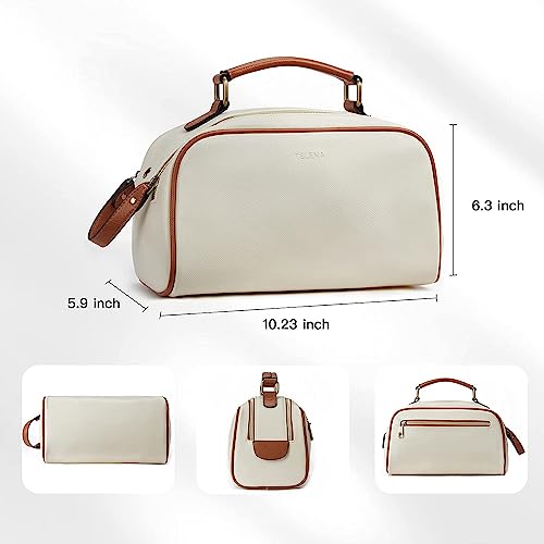 PRODUCTO 494 Telena Neceser de Viaje Bolsas de Cosméticos de Maquillaje para Mujer Organizador de Artículos de Aseo de Cuero PU Impermeable Portátil de Gran Capacidad Beige con Marrón