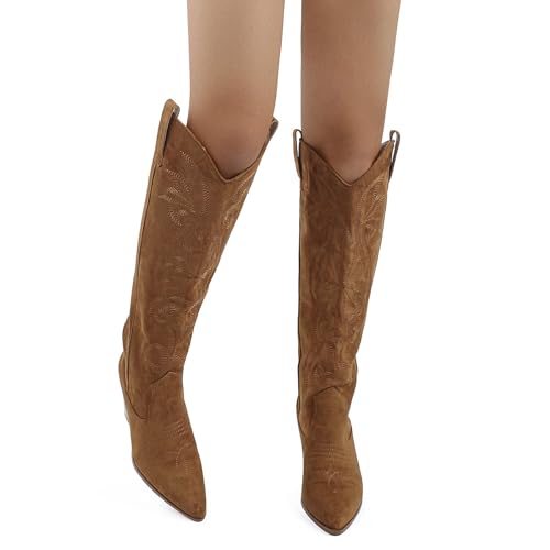 WIRALOMI Botas altas hasta la rodilla de vaquero bordadas para mujer de gamuza sintética con tacón de bloque grueso, botas altas hasta la rodilla occidental, botas de vaquera, botas de tacón alto