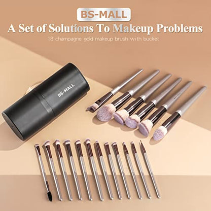 BS-MALL Juego de brochas de maquillaje, 18 piezas, base sintética premium, correctores en polvo, sombras de ojos, colorete, brochas de maquillaje con estuche negro (A-Champagne)