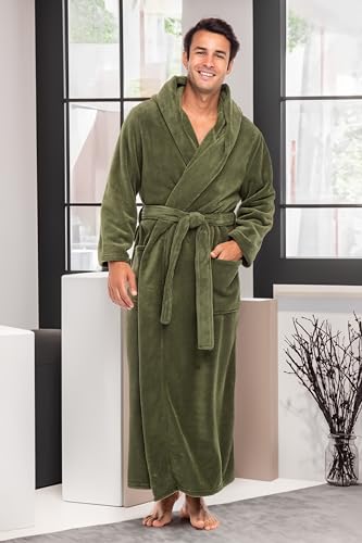 Alexander Del Rossa Albornoz para Hombre, Albornoz de Felpa Polar con Capucha, Dos Grandes Bolsillos Delanteros y Cierre de Corbata, Verde Cebolleta, XL