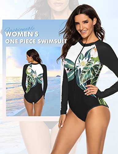 SELINK Women's Long Sleeve Rash Guard UV Protection Zipper Printed Surfing One Piece Swimsuit Bathing Suit Black-3 S