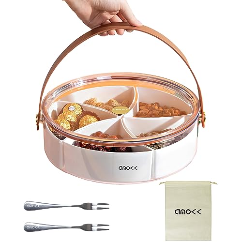 PRODUCTO 398 amokk Bandeja dividida para servir con tapa y asa Caja para refrigerios Contenedor de embutidos Platos portátiles para refrigerios para dulces, frutas, nueces, refrigerios, para fiestas, entretenimiento, picnic (transparente)