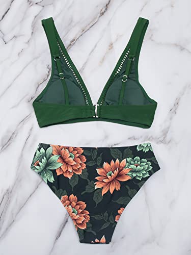 PRODUCTO 20 CUPSHE Traje de baño de bikini de cintura media para mujer, traje de baño floral con gancho en la espalda, traje de baño de dos piezas XL Teal