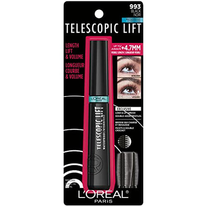 L'Oréal Paris Cosmetics Máscara de pestañas telescópica impermeable, maquillaje de ojos alargador y voluminizador, levantamiento de pestañas con hasta 36 horas de uso, negro, 0.33 onzas líquidas