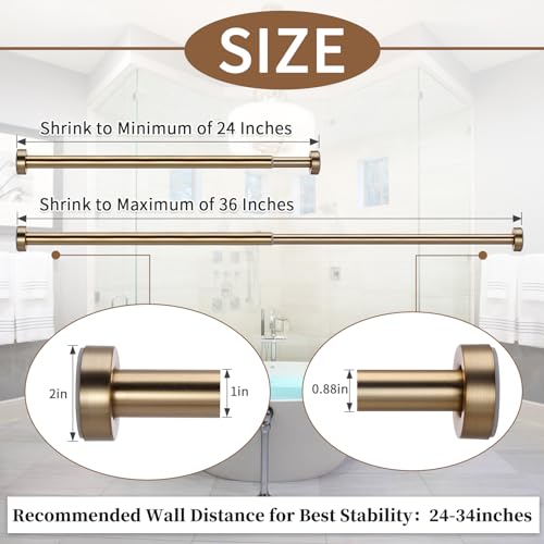 Paquete de 2 barras de cortina de tensión de resorte, barra de cortina de resorte ajustable de 24-36 pulgadas, acero inoxidable, antideslizante, sin perforación, nunca se colapsa, barra de tensión pequeña para puerta de armario, oro cálido