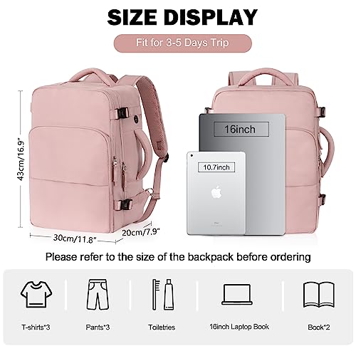 Rinlist Mochila de viaje, mochila de mano compatible con la TSA, aprobada por aerolíneas para mujeres y hombres, senderismo, gimnasio, trabajo, fin de semana, viajero, mochila informal, bolsa para artículos personales, rosa