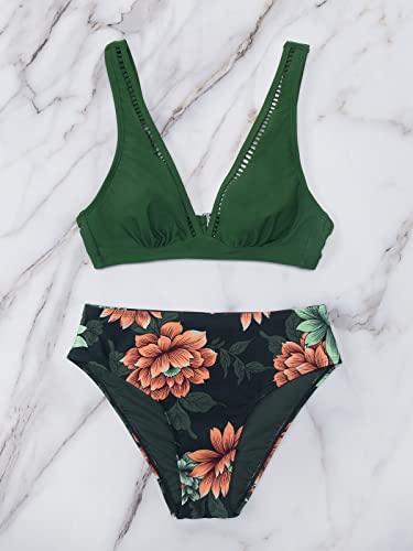 PRODUCTO 20 CUPSHE Traje de baño de bikini de cintura media para mujer, traje de baño floral con gancho en la espalda, traje de baño de dos piezas XL Teal