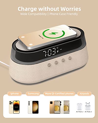 PRODUCTO 100 Reloj despertador digital 6 en 1, radio reloj de noche con carga inalámbrica rápida de 15 W, altavoz Bluetooth, alarma dual para personas que duermen mucho, radio FM, 12/24 horas y repetición, cargador USB, temporizador ], modo RGB