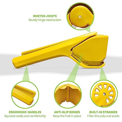 Exprimidor de limón manual, exprimidor de lima y limón con extracción máxima de jugo, exprimidor de limón plano fácil de usar con apalancamiento para reducir el esfuerzo, exprimidor manual de cítricos con colador incorporado, amarillo