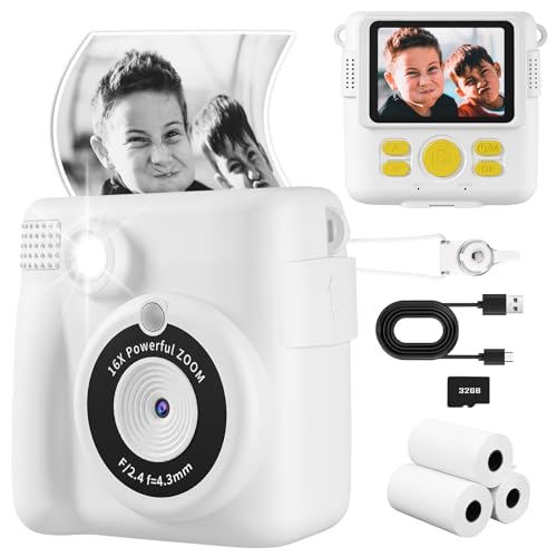 PRODUCTO 493 Cámara de impresión instantánea, cámara para niños Cámara digital HD 1080P con tarjeta SD de 32G, 3 rollos de papel fotográfico y 6 lápices de colores para niños y niñas de 6 a 12 años, regalos de cumpleaños, grabación de fotografías y videos