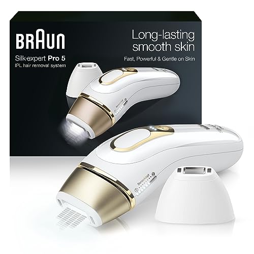 Braun Depilación IPL de larga duración para mujeres y hombres, New Silk Expert Pro 5 PL5157, para cuerpo y rostro, sistema de depilación de larga duración, alternativa a la depilación láser de salón, con afeitadora Venus, bolsa