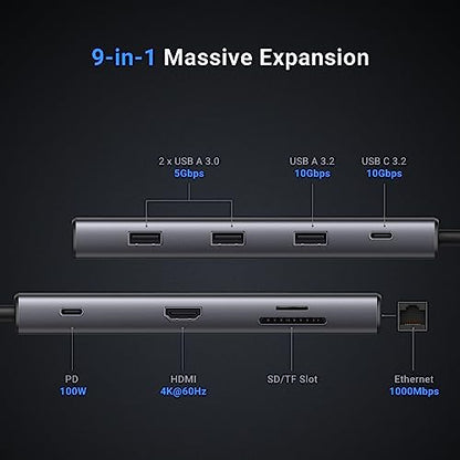 PRODUCTO 174 UGREEN Revodok Pro 109 USB C Hub 9 en 1 10Gbps USB C 3.2 y USBA 3.2 4K 60Hz HDMI, suministro de energía de 100W, lector de tarjetas SD/TF Gigabit Ethernet para MacBook Pro/Air, iPhone 15 Pro/Pro Max, Thinkpad y más.