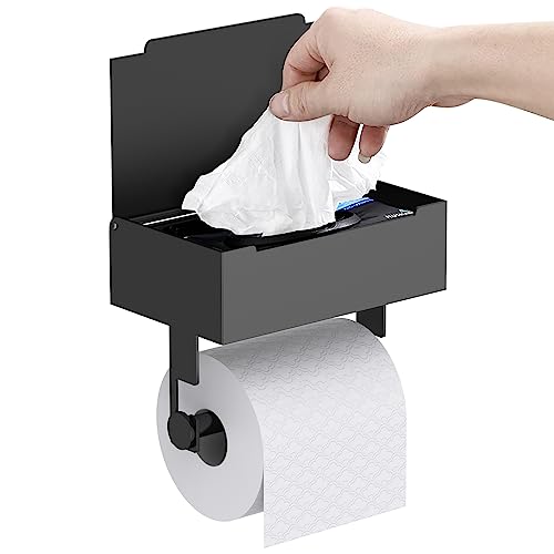 iHysuun Soporte de papel higiénico con estante, dispensador de toallitas desechables para almacenamiento de toallitas de baño, autoadhesivo o perforado, acero inoxidable, soporte para papel higiénico y toallitas para baño, negro mate