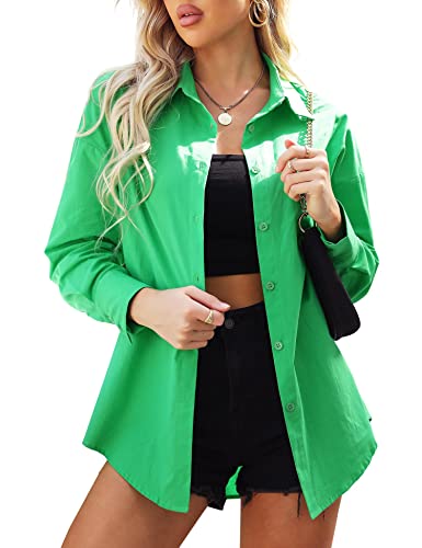 Camisas verdes de gran tamaño para mujer, camisa de novio con botones de manga larga, blusa informal con hombros caídos