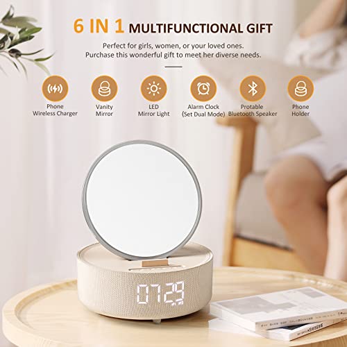 COLSUR Regalos de cumpleaños para mujeres, cargador de teléfono inalámbrico 6 en 1 con reloj despertador digital, luces de espejo con altavoz Bluetooth, luz nocturna, soporte para teléfono, regalos para adolescentes mamá