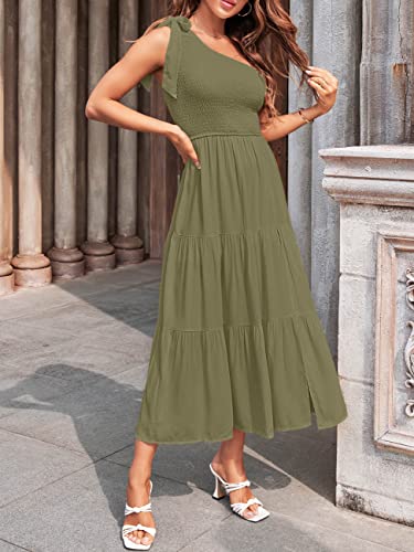 MEROKEETY Vestido largo de verano con un hombro para mujer, vestido largo midi de playa con niveles fluidos y fluidos, verde militar, M