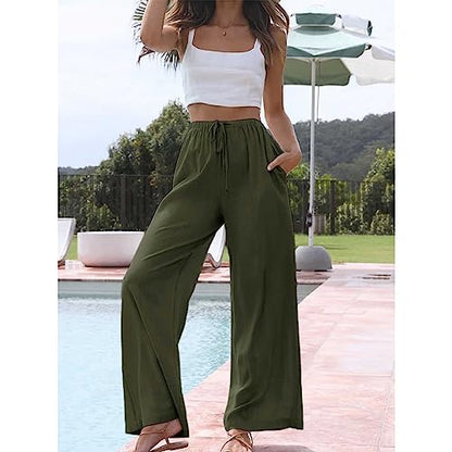 PRODUCTO 587 Duyang Pantalones palazzo de lino y algodón para mujer, con cordón, cintura elástica, pantalones casuales de pierna ancha con bolsillos (verde militar, XS)