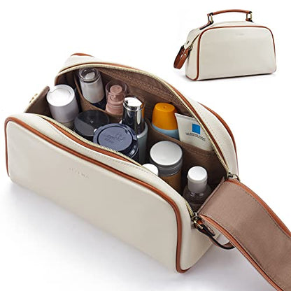 PRODUCTO 494 Telena Neceser de Viaje Bolsas de Cosméticos de Maquillaje para Mujer Organizador de Artículos de Aseo de Cuero PU Impermeable Portátil de Gran Capacidad Beige con Marrón