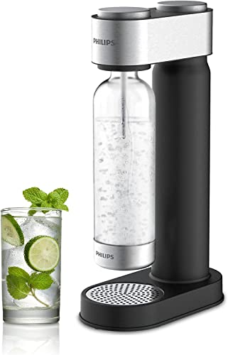 Philips Máquina para hacer agua con gas de acero inoxidable para carbonatar en el hogar con botella de carbonatación de 1 litro de PET sin BPA, compatible con cualquier carbonatador de intercambio de CO2 de 60 litros de rosca (NO incluido), negro