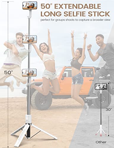 Trípode Selfie Stick con Control Remoto, ANXRE 50" Portátil 5 en 1 Selfie Stick Trípode para Teléfono, Trípode Selfie Stick Inalámbrico para Teléfono Celular Compatible con iPhone 15/14/13 Pro Max Gopro Android DJI (Blanco)