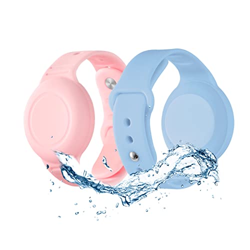 Pulsera AirTag impermeable para niños (paquete de 2) – Pulsera de silicona suave con etiqueta de aire para niños, correa de reloj Airtag ligera, soporte para rastreador GPS oculto para niños compatible con Apple Airtag (rosa/azul)