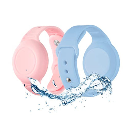 Pulsera AirTag impermeable para niños (paquete de 2) – Pulsera de silicona suave con etiqueta de aire para niños, correa de reloj Airtag ligera, soporte para rastreador GPS oculto para niños compatible con Apple Airtag (rosa/azul)