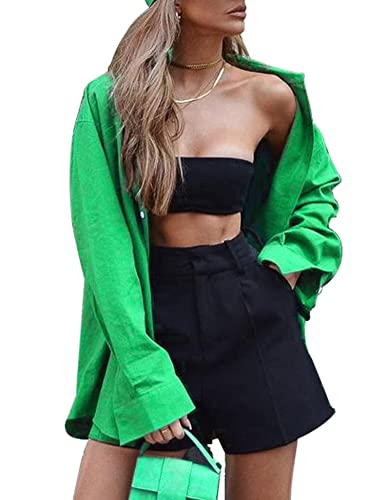 Camisas verdes de gran tamaño para mujer, camisa de novio con botones de manga larga, blusa informal con hombros caídos