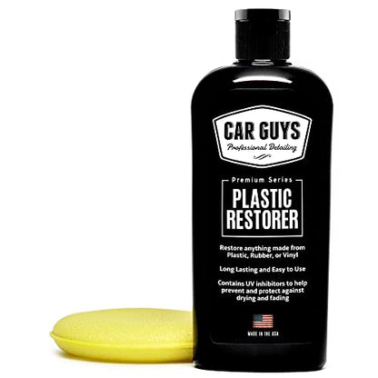 Restaurador de plástico CAR GUYS | ¡Dale vida al plástico, el caucho y el vinilo! | Restaurador de molduras fácil de usar | Suministros seguros para detalles de automóviles | Kit de 8 Oz con aplicador de espuma