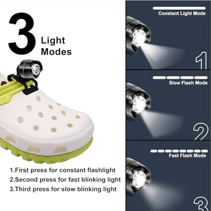 PRODUCTO 288 EQUEEN Faros delanteros para Crocs, 2 luces para Crocs con 3 modos de luz, luces impermeables IP65 para accesorios de zapatos Crocs, luces para zapatos para acampar, 12 pilas de botón incluidas, color negro