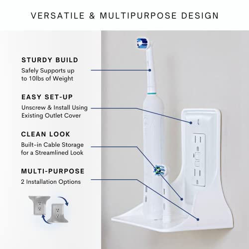 BeraTek Industries Storage Theory Power Perch - Estante para toma de corriente - Organizador de baño Smart Home Essentials - Estantes de pared para cepillo de dientes, eco, parlantes, soporte para teléfono celular - Blanco - 1 unidad