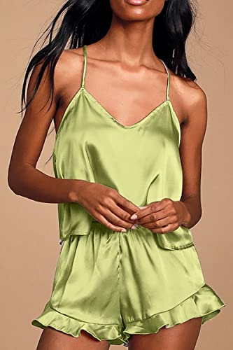 CHYRII Conjuntos de pijamas sexys con espalda cruzada y volantes para mujer, conjuntos de pantalones cortos de seda satinada, ropa de dormir verde aguacate S