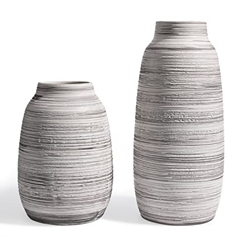 TERESA'S COLLECTIONS Rustic Ceramic Flower Vase for Home Decor, Tall Grey Decorative Vase for Pampas Grass, Set of 2 Boho Flower Vases for Table, Mantel, Fireplace, Shelf, Living Room, 6.3/9.1inch