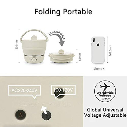 Olla de viaje eléctrica plegable Drizzle - Olla caliente de doble voltaje 100V-240V - Utensilios de cocina de silicona de grado alimenticio Vaporizador de agua hirviendo - Camping Oficina Hotel Sopa de gachas de fideos, Blanco cremoso