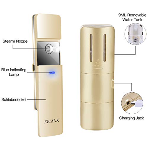 RICANK Nano Mister Handy Nano Cool Mist Spray Facial Mister Sliding Hydrating Facial Mini Nano Steamer Eyelash Extensions Moisturizing Face Mister Sprayer Atomization Skin Care Instrument Rose Gold