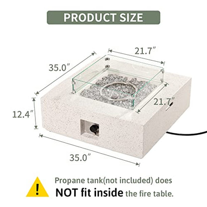 COSIEST Mesa cuadrada de propano para exteriores, base de maceta de piedra sintética blanca terrazo de 35 pulgadas, quemador de acero inoxidable de 50.000 BTU, vidrio de fuego gris transparente y cubierta para lluvia, tapa de metal