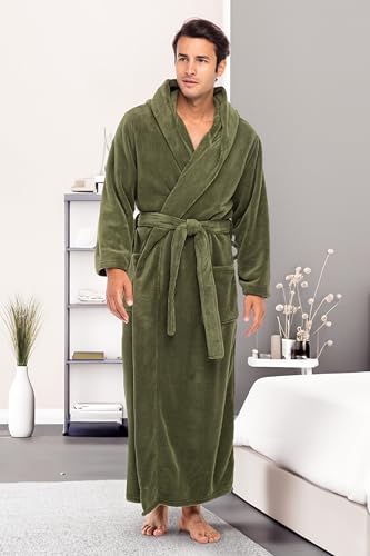 Alexander Del Rossa Albornoz para Hombre, Albornoz de Felpa Polar con Capucha, Dos Grandes Bolsillos Delanteros y Cierre de Corbata, Verde Cebolleta, XL