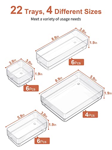 SMARTAKE 22-Piece Drawer Organizer with Non-Slip Silicone Pads, 4-Size Clear Desk Drawer Organizer Trays Storage Tray for Makeup, Jewelries, Utensils in Bedroom Dresser, Office and Kitchen, Clear