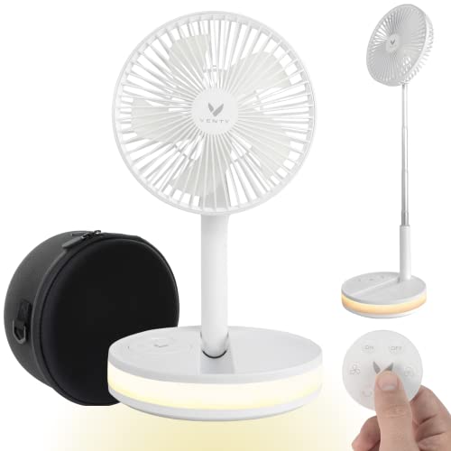 VENTY Ventilador portátil original: ventilador inalámbrico a batería con 4 velocidades, control remoto, oscilación e iluminación LED, ventilador recargable de viaje y puertos USB-C de banco de energía, ventilador de camping (blanco con estuche)