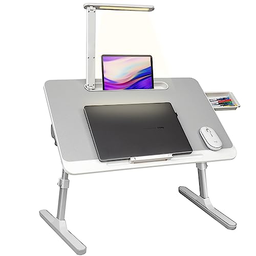 RAINBEAN Escritorio para computadora portátil, mesa de cama portátil, escritorio para computadora portátil con luz LED y cajón, soporte ajustable para computadora portátil para cama/sofá/estudio/lectura-blanco