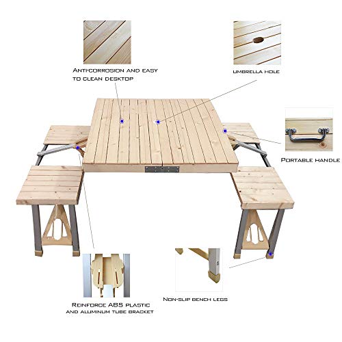 STONCEL Folding Table and Chairs Set, Portable Picnic Table with 4 Seats for Outdoor Camping Picnic BBQ, Party and Dining(Wooden)