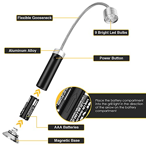 Luz para parrilla de barbacoa, accesorios para parrilla para exteriores con base magnética, relleno de calcetines, regalos para parrilla para hombres, cuello flexible de 360 grados, resistente al agua y al calor, baterías incluidas - Paquete de 2