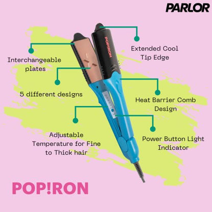 Plancha de pelo PopIron y plancha de impresión de pelo con imagen 3D: viene con 5 placas diferentes que incluyen plancha de pelo, rizador y 3 formas divertidas. Herramienta caliente perfecta para arte del cabello o cabello de festival.