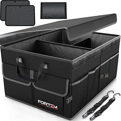 FORTEM Organizador de almacenamiento para coche, plegable, con múltiples compartimentos, parte inferior antideslizante, correas de seguridad ajustables, cubierta plegable (negro, tamaño estándar)