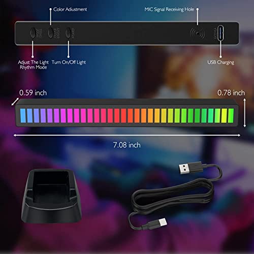 Barra de luz de control de sonido RGB, barra de luz de ritmo activada por sonido inalámbrica, barra de luz LED ambiental recargable de 32 bits con nivel de música colorido activado por voz para coche, sala de juegos, fiesta, DJ, escritorio (2 paquetes)