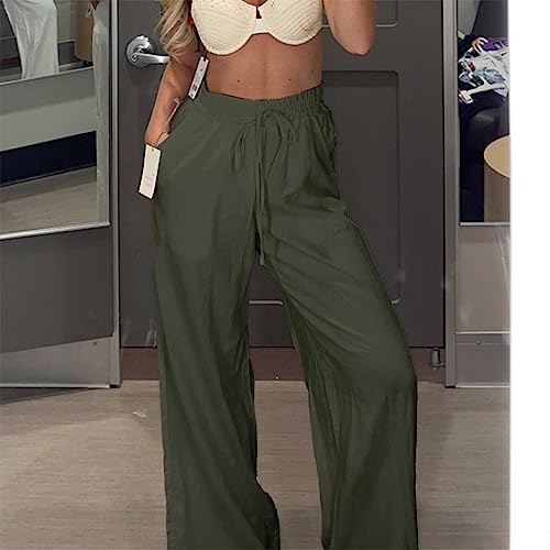 PRODUCTO 587 Duyang Pantalones palazzo de lino y algodón para mujer, con cordón, cintura elástica, pantalones casuales de pierna ancha con bolsillos (verde militar, XS)