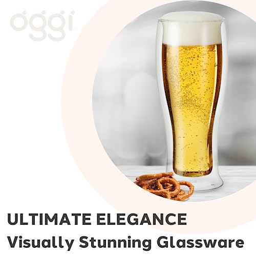 OGGI Beer Double Wall Insulated Glass Mug, Ideal for IPA ale lager stout pilsner, Beer Stays Cool Longer Even Outdoors, Visually Stunning, 14oz / 400ml, Set of 2