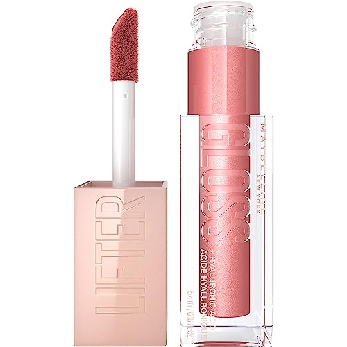 MAYBELLINE New York Lifter Gloss, brillo labial hidratante con ácido hialurónico, alto brillo para labios de aspecto más carnoso, luna, rosa nude, 0.18 onzas