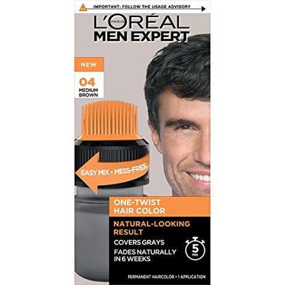 L’Oreal Paris Men Expert One Twist Mess Free Permanent Hair Color, Mens Hair Dye to Cover Grays, Easy Mix Ammonia Free Application, Medium Brown 04, 1 Application