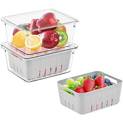 Puricon (paquete de 2) contenedores de alimentos frescos para nevera, almacenamiento de frutas y verduras, ahorro de productos con colador y tapa, organizadores apilables para refrigerador para ensalada, bayas, lechuga, sin BPA, pequeño