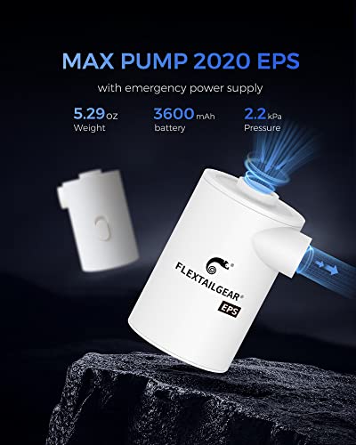 FLEXTAILGEAR MAX Pump 2020 EPS Bomba de aire portátil con batería de 3600 mAh, bomba recargable por USB, desinflado rápido para colchón de aire, juguetes de piscina, flotadores, anillo de natación, cama de aire, bolsas de vacío (blanco